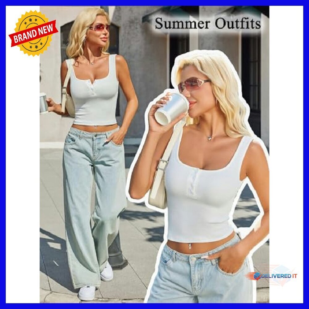Ribbed Crop Tank Top Square Neck Button Front Slimming Summer Top - Picture 7 of 8